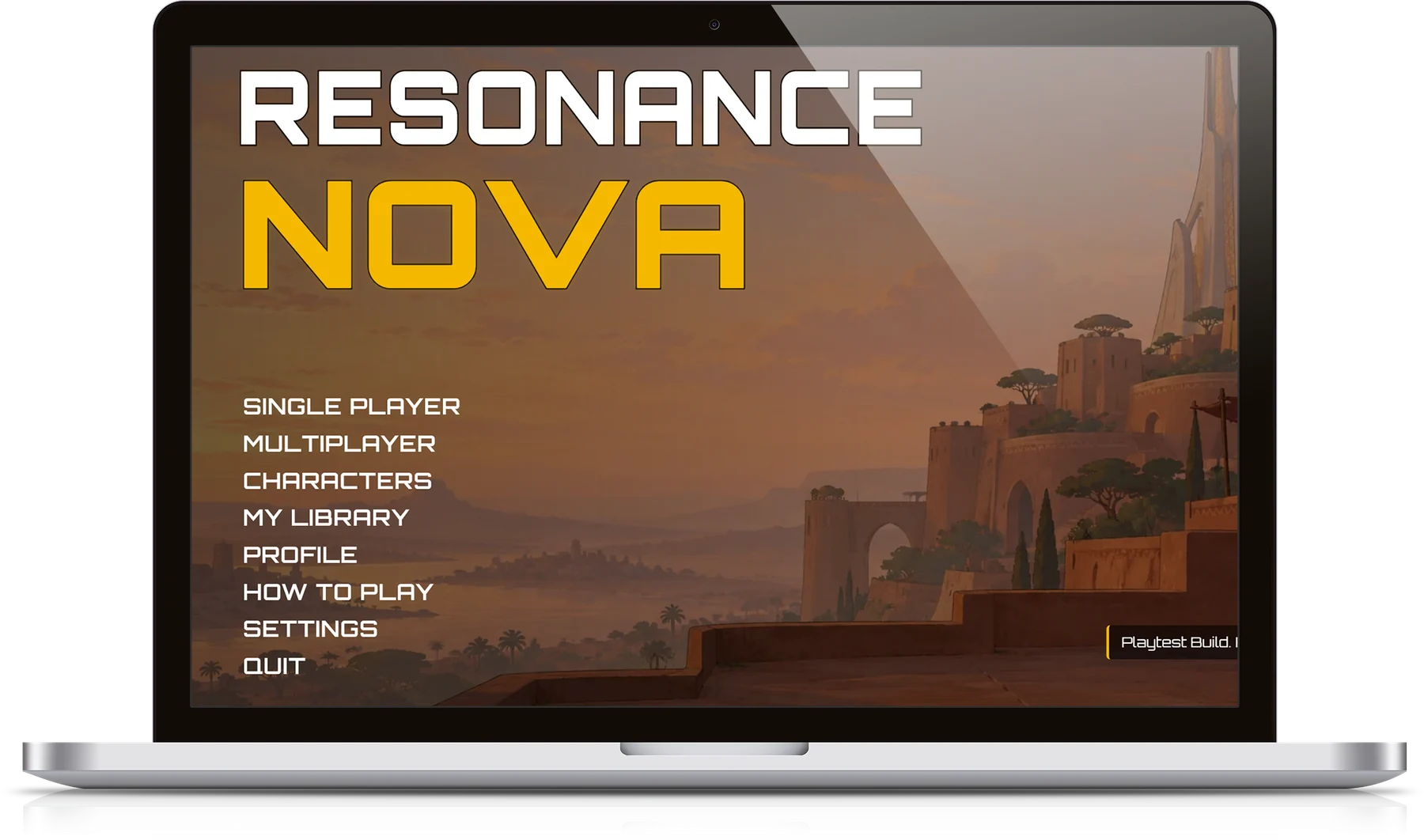 Resonance Nova's title screen on a laptop: Single Player, Multiplayer, Characters, My Library, Profile, How to Play, Settings and Quit.